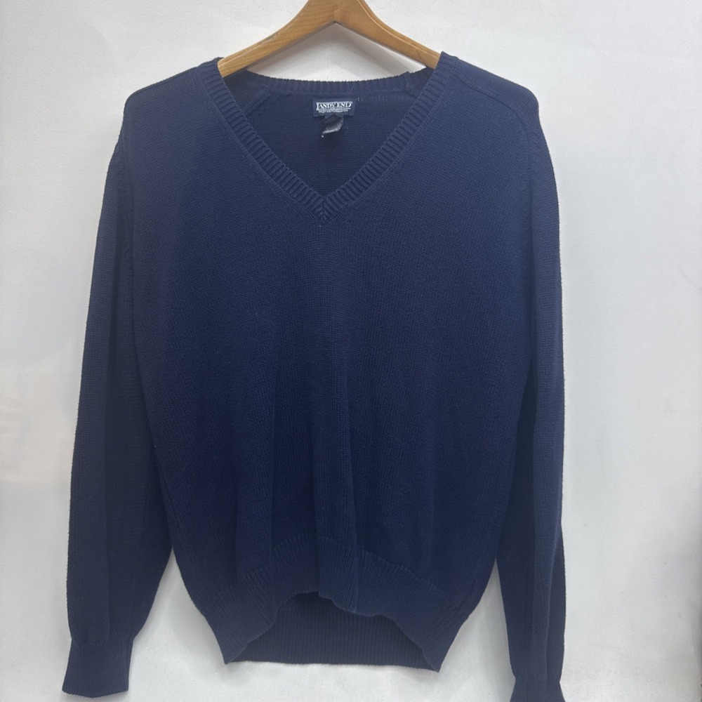 Lands End Direct Merchants Drifter Knit Sweater Navy Blue V Neck Cotton Mens M